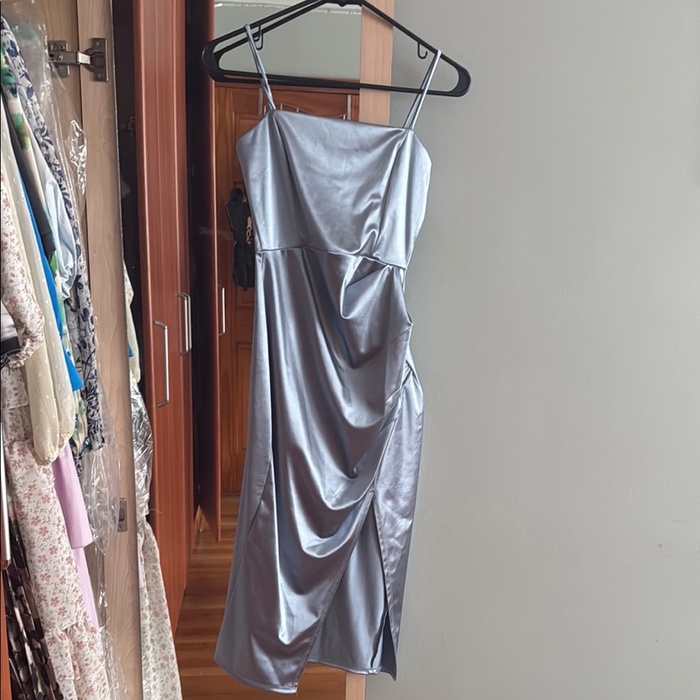 Silver Asymmetrical Ruched Midi Slip Dress